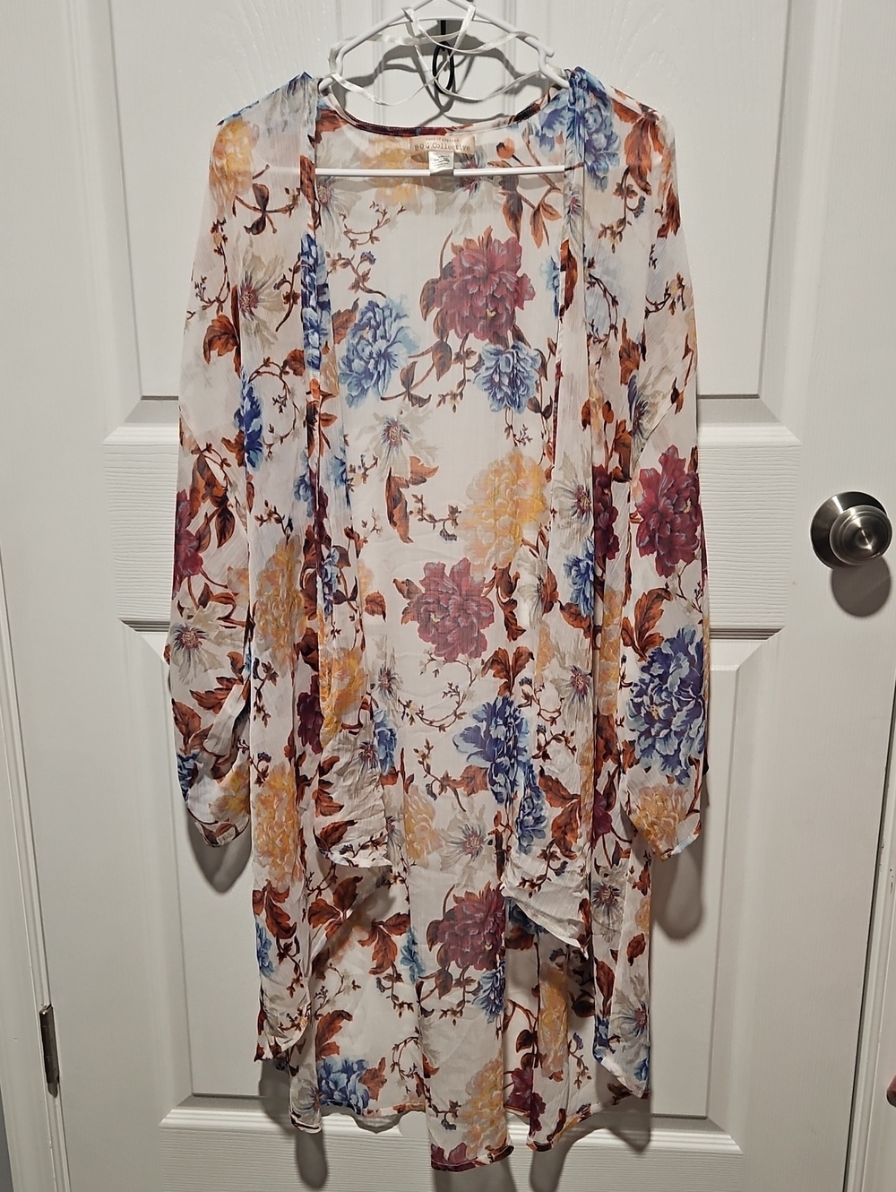 Sheer Floral Kimono Cover-Up in Blue, Yellow & Burgundy Size L/XL